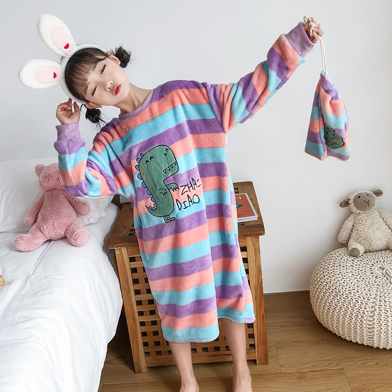 新品韩版女童家居服睡袍法兰绒中大童睡裙保暖睡衣送布袋家居服
