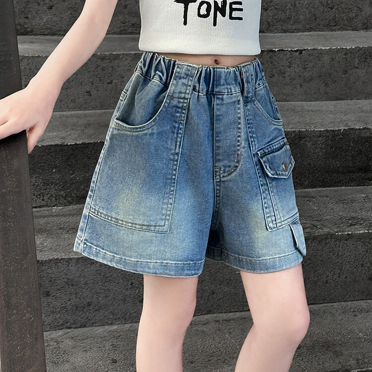 Летние новые джинсовые шорты для девочек, укороченные брюки, дикие широкие ноги