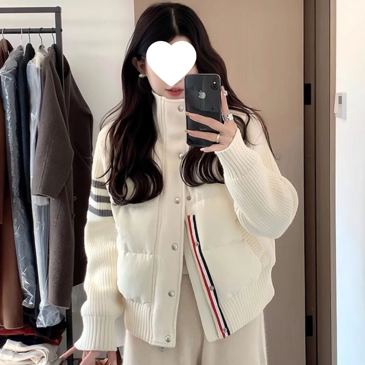 J7H小个子穿搭针织拼接羽绒棉服女短款TB冬季休闲外套女立领棉衣