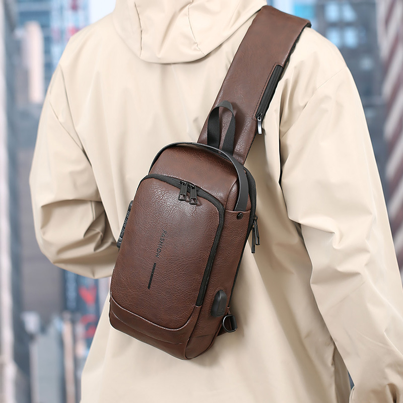 Bolsos de hombre, bolsos de hombro PU, mochila deportiva multifuncional, mochila de pecho impermeable, carga USB, bolso de pecho antirrobo