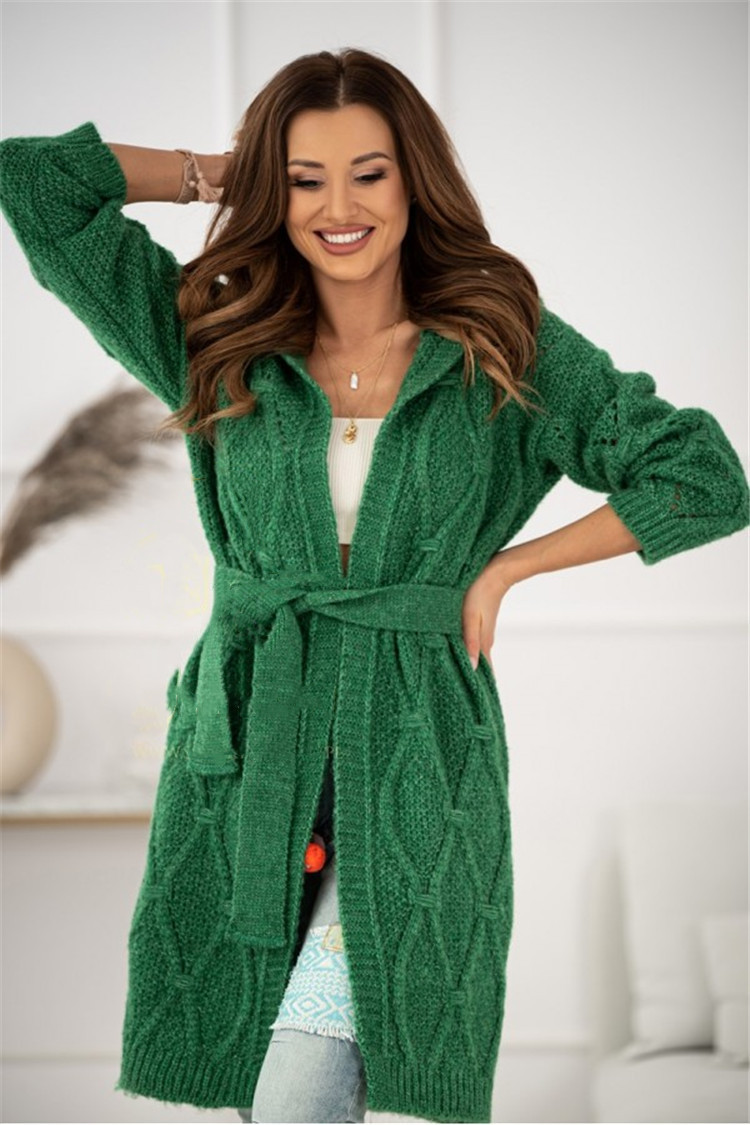 2024 neuer gestrickter Kapuzenpullover mit langen Ärmeln, lässige Strickjacke, Pulloverjacke in Übergröße, Taillengürtel für Damen, 8 Farben_voghion.com