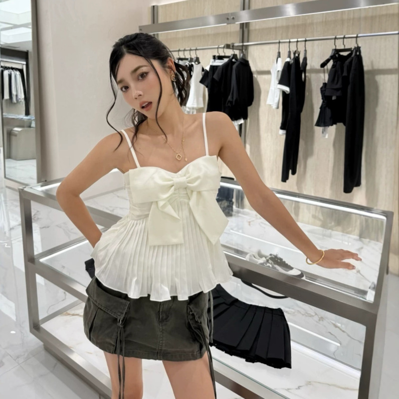 [In Stock] Nanyou Version 26 Summer A~ Rhinestone Embellished Three-Dimensional Bow Pleated Camisole French Tube Top