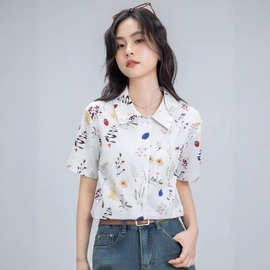 百搭个性植物集花卉精棉衬衫女娘mam平衡贝壳翻领上衣女府绸