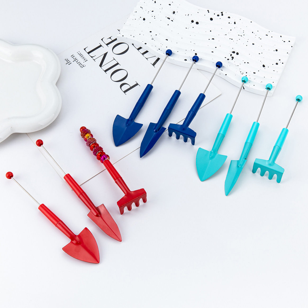 DIY cuentas herramientas de jardinería set de tres piezas rastrillo flor plantación de flores carnosas pequeñas herramientas de pala pequeña pala maceta