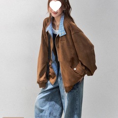 美式格子拼接麂皮绒外套女款春秋季新款宽松气质棒球服休闲夹克