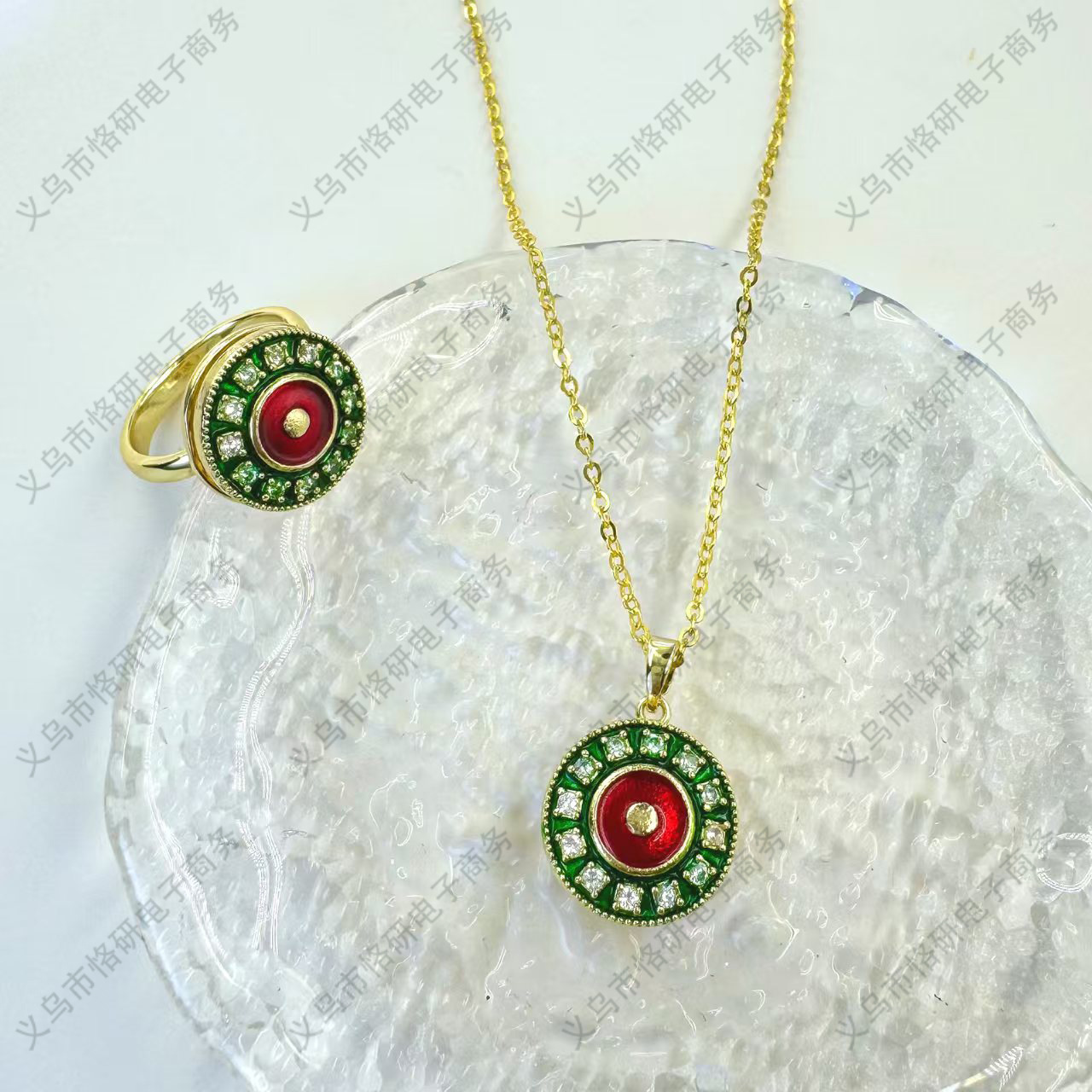 跨境复古圣诞可旋转圆形项链满钻百搭吊坠真金电镀珐琅彩时尚戒指