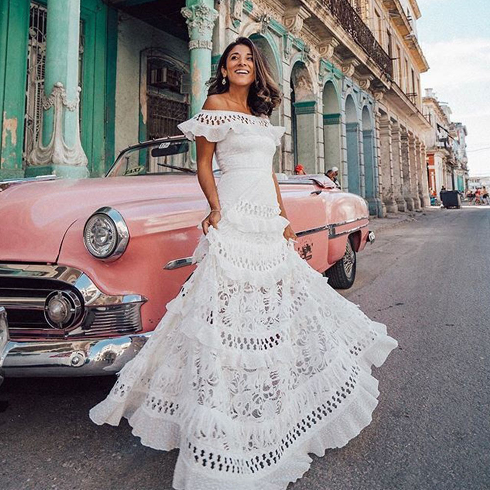 Vestido de encaje con volantes, hombros descubiertos, abertura y bajo amplio, estilo europeo y americano, nueva colección primavera/verano 2025 para mujer.