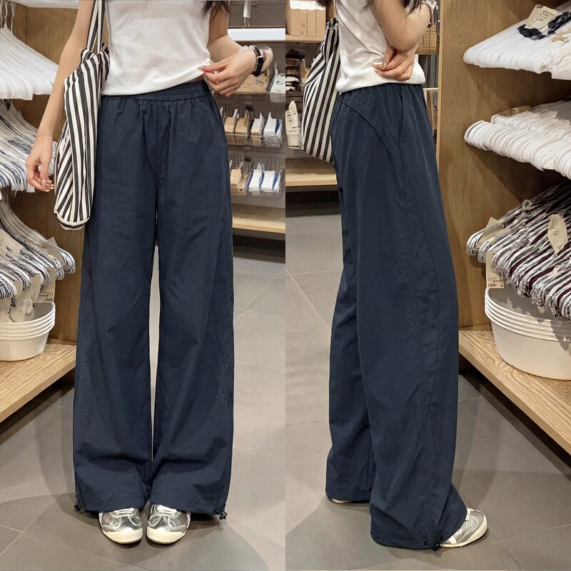 Navy Blue Quick-Dry Work Pants for Women, 2026 Summer New Style, Stylish Petite Casual Pants, Loose Wide-Leg Sports Pants