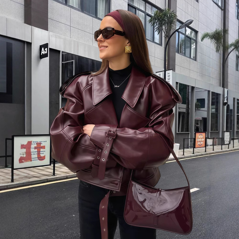 Personalized Street Pu Leather Lapel Motorcycle Jacket for Women 2025 Spring New Retro Style Adjustable Cuff Jacket Personalized Street Pu Leather Lapel Motorcycle Jacket for Women 2025 Spring New Retro Style Adjustable Cuff Jacket