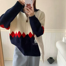 秋冬休闲针织衫外套女韩系氛围感撞色设计感菱形格翻领毛衣开衫潮