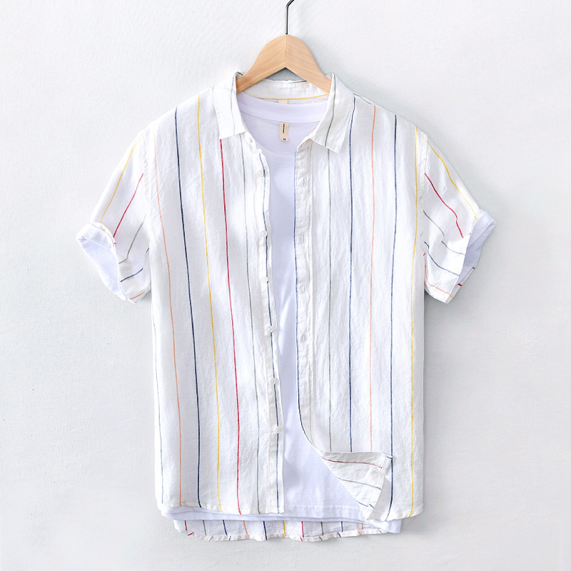 P546 Striped Short-Sleeved Casual Shirt for Men, Pure Linen Breathable Inner and Outer Versatile Shirt, Drop Shipping