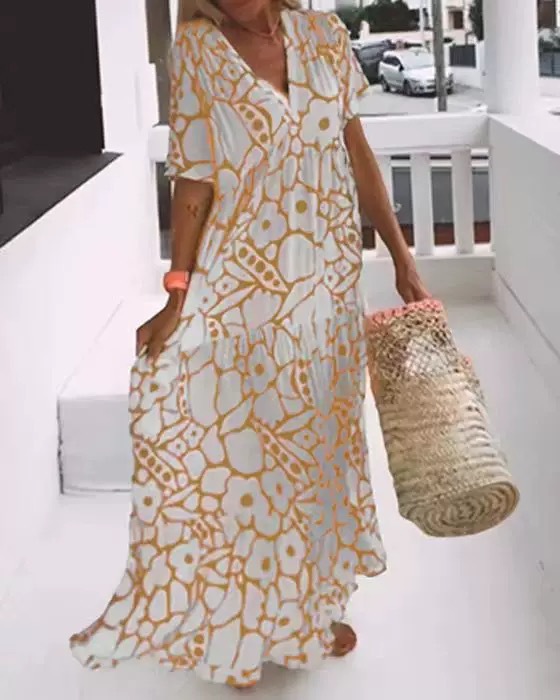 Women's Regular Dress Simple Style V Neck Printing Short Sleeve Flower Maxi Long Dress Daily Beach display picture 5