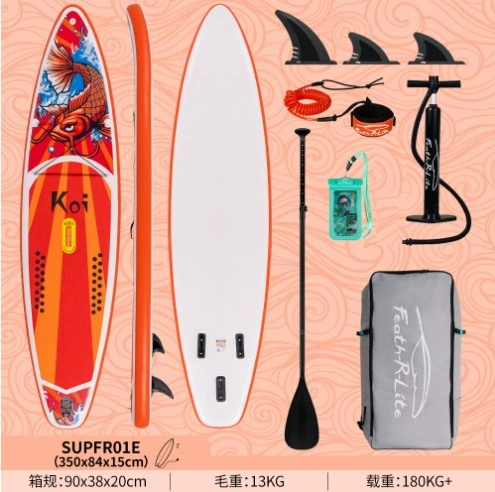 Надувная SUP доска (Inflatable), размеры 240–350×76–84×10–15 см, drop‑stitch, противоскользящая дека