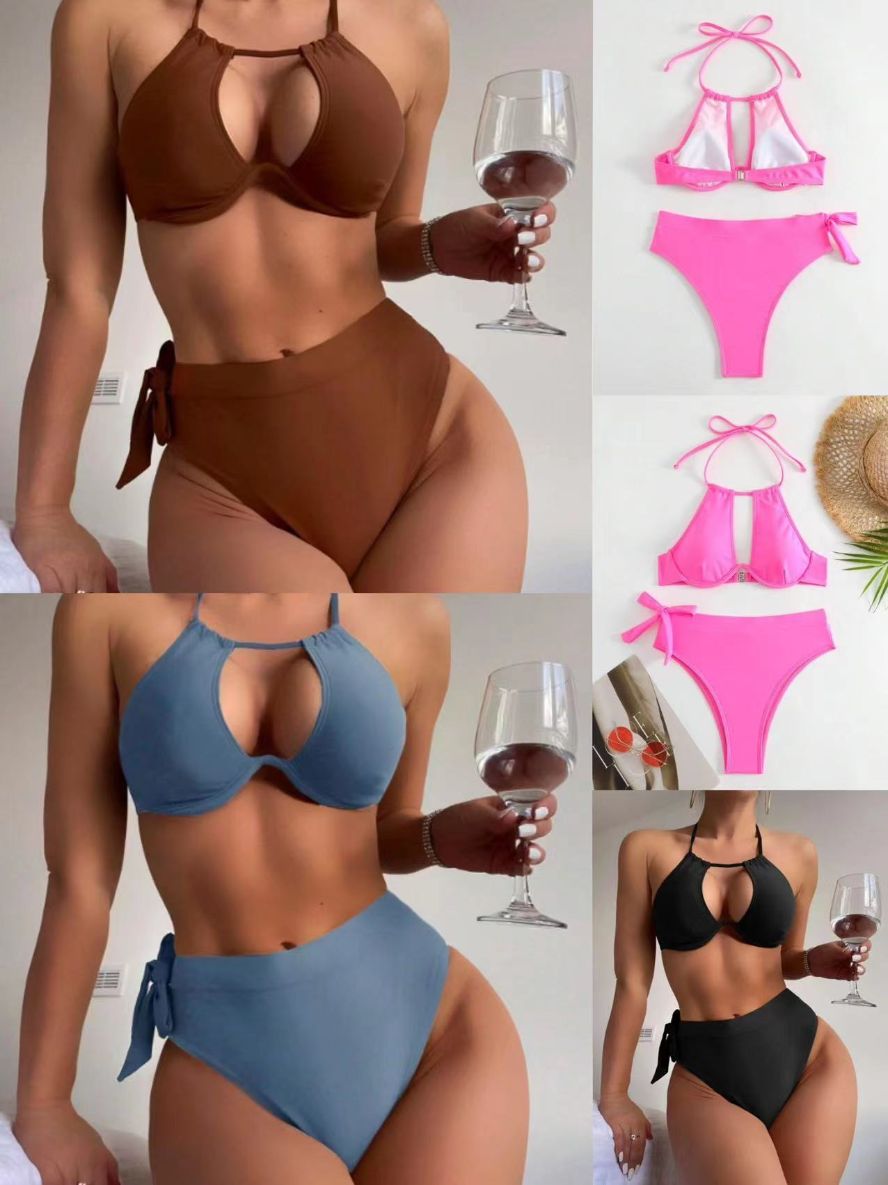 2024 European and American new multi-color split swimsuit women's sexy hollow cross-border Amazon bikini