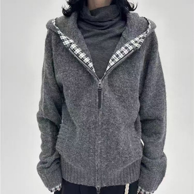 灰色双拉链针织开衫拼接格纹连帽毛衣外套男女秋冬季慵懒宽松均码|undefined