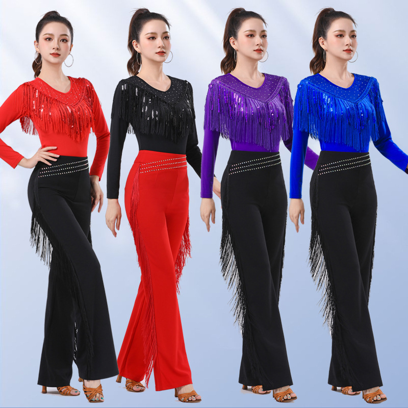 Square Dance Jitterba Latin Dance Suit New Fashion Tassel Sequins Round Neck Long Sleeve Small Shirt Top Women Dance