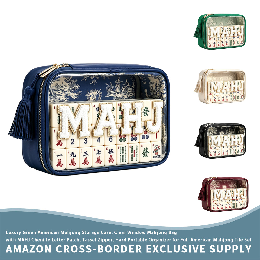 Amazon Light Luxury Dark Green Transparent Window American Mahjong Storage Bag with Tassel Zipper MAHJ Towel Embroidery Cosmetic Bag