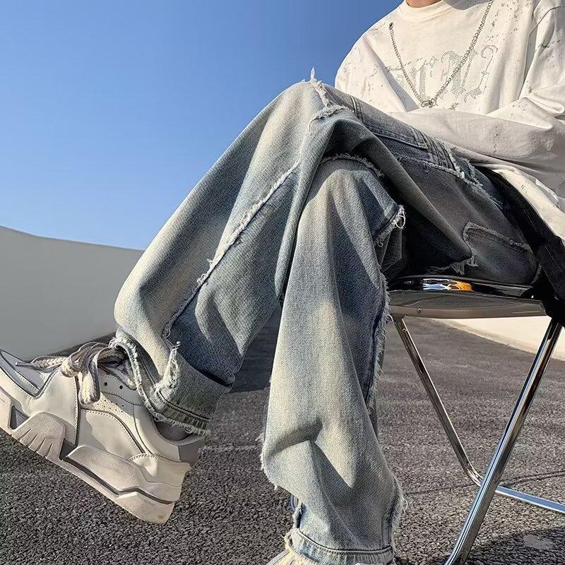 Hong Kong Style Trendy Men's Summer New 2024 Personalized Letter Jeans Hip-Hop Ins Trendy High Street Trendy Trousers