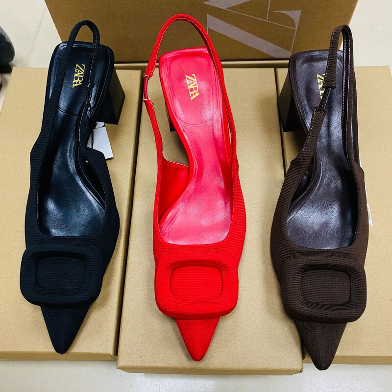 Za New 2025 Summer Pointed Toe Thick Heel Shallow High Heels Women's Square Buckle Back Strap Slingback Sandals Women's Trendy Za New 2025 Summer Pointed Toe Thick Heel Shallow High Heels Women's Square Buckle Back Strap Slingback Sandals Women's Trendy