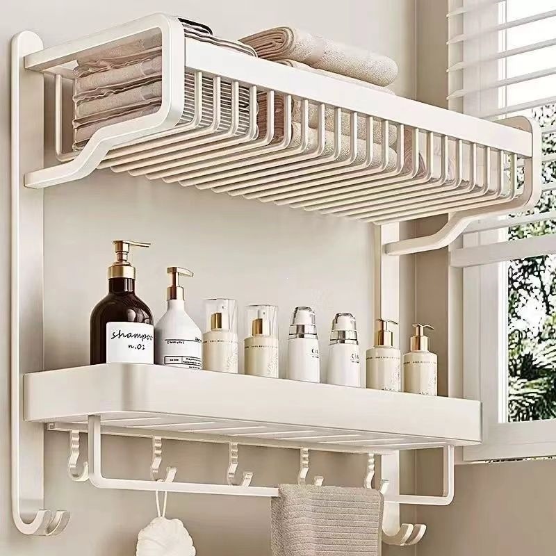 Cream-style towel rack, bathroom storage shelf, integrated no-drill wall-mounted bathroom toilet washroom towel rack