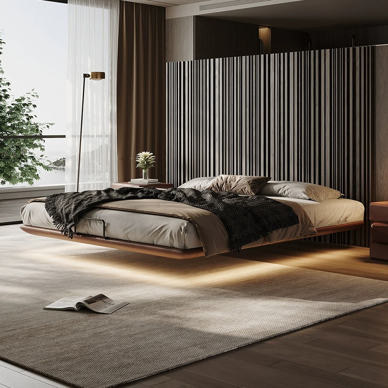 No Bedside Floating Bed, Genuine Leather Italian Minimalist Storage Bed, Master Bedroom, Second Bedroom, Guest Room, Double Small Apartment, No Backrest Bed