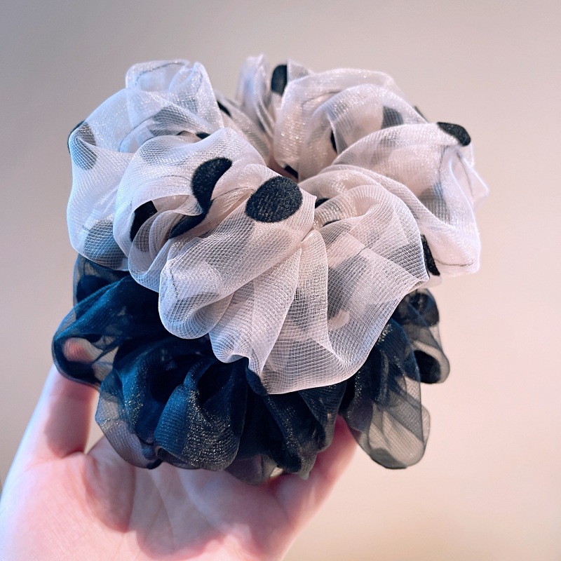 13g Weight Festival Occasion Organza Material Geometric Pattern Women'S Gender Retro Style Pink, Black Color South Korea Imported Organza Retro Polka Dot Large Intestine Hair Circle Temperament Fairy Head Tie Rubber Band Large Intestine Circle Headdress Female 2