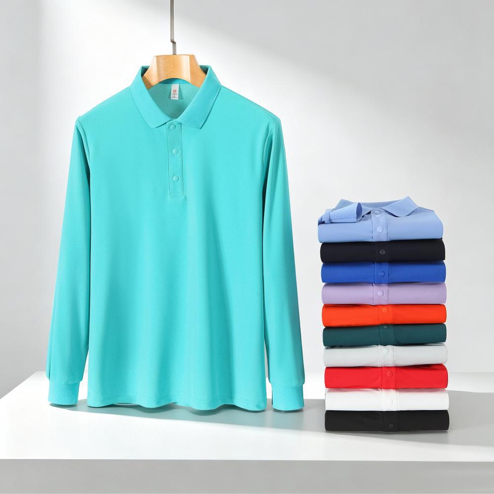 New long-sleeve polo shirt with collar, men's business t-shirt, workwear with printed logo, group uniform, casual long-sleeve for autumn
