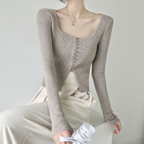 Pure Desire Boneless Square Collar Knit Basic Top Women Autumn/Winter High-End Gray Sweater Underwear Design-Small Group Upper Body Design