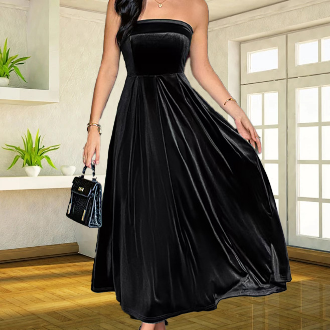 2025 Amazon Cross-Border Black Evening Dress Women's Elegant Banquet Slim Dress Retro Dress Dress