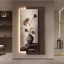 中古风玄关装饰画荷花寓意好入户走廊过道挂画高级感中式氛围灯画