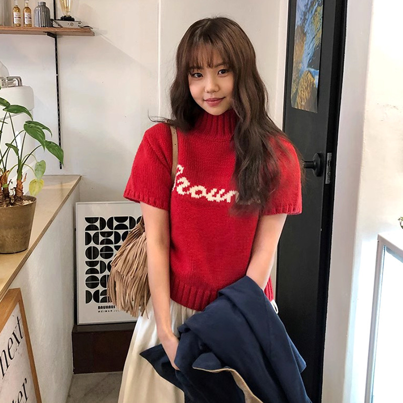 Turtleneck letter short sleeve retro sweater sweater amiment niche designer mid collar warm top for women