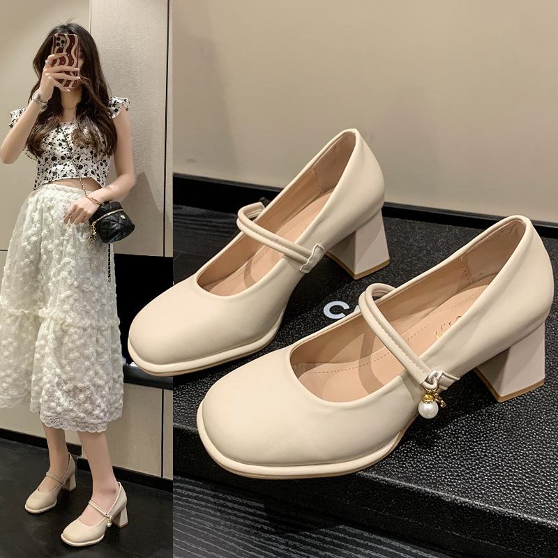 Mary Jane Women's Shoes 2023 New Fairy Thick Heel High Heels Small Leather Shoes Flats Women's Evening Shoes Dropshipping