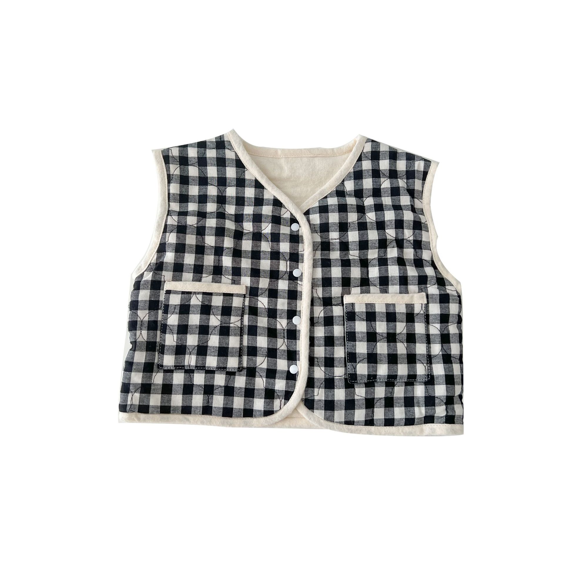 INS bebé chaleco Otoño e Invierno contraste color Plaid acolchado cardigan Chaleco con cuello en V sin mangas desgaste exterior bolsillo chaleco abrigo