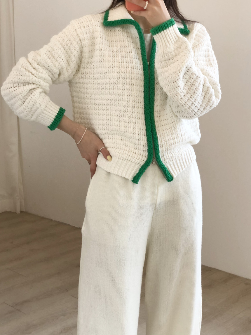 Contrast Thick Needle Zipper Cardigan Sweater Coat