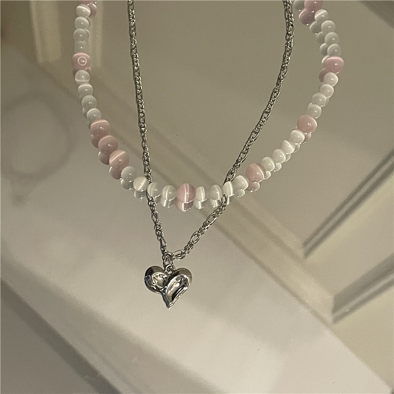 Fashion Pink Tourmaline Stone Heart Pendant Double Necklace Wholesale Nihaojewelry display picture 9