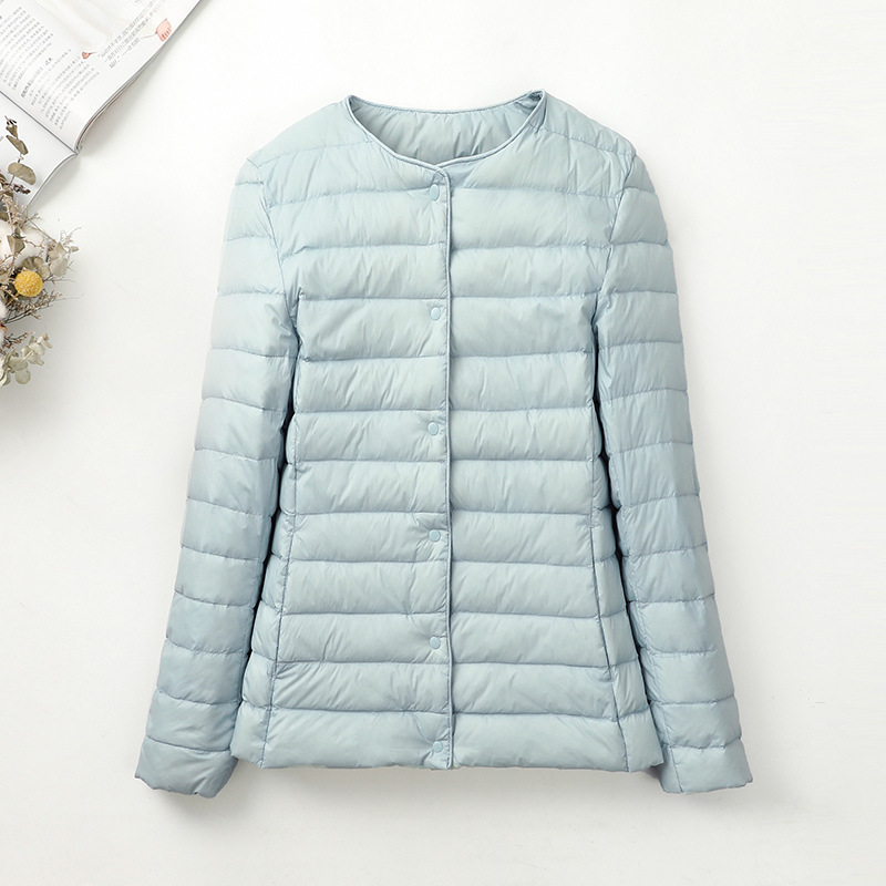 Chaqueta de plumón ligera transfronteriza para hombres y mujeres de otoño y invierno, chaqueta de abrigo caliente sin cuello, revestimiento de plumón ligero inferior se puede abrir