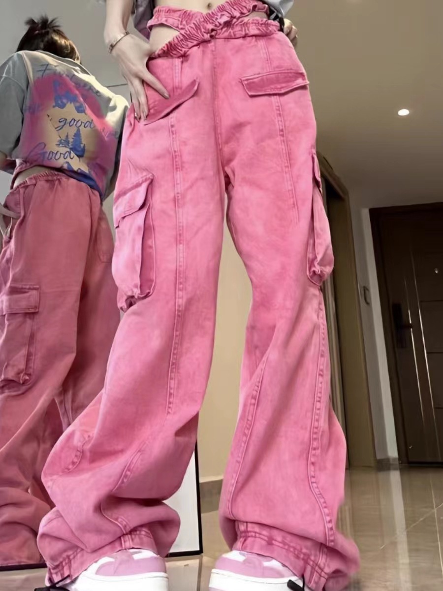 2023 AMERICAN STREET STRAIGHT OVERALLS 여성의 봄과 가을 느슨한 슬림 멀티 포켓 넓은 다리 유행 데님