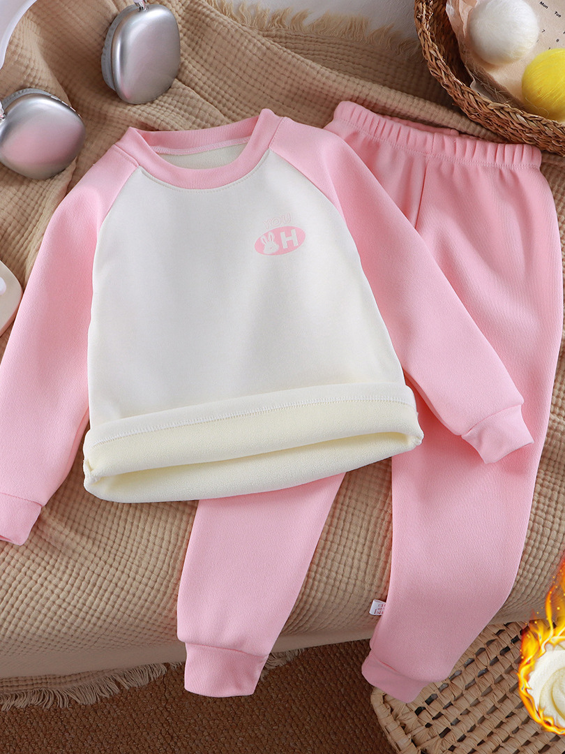 Nuevo conjunto de terciopelo para niños otoño y invierno grueso ropa interior caliente para niños y niñas enchufado manga de hombro para bebés de dos piezas