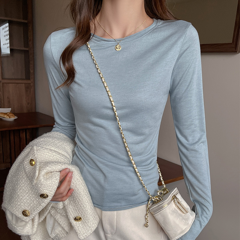 South Korea's Dongdaemun Inner Layering Shirt for Women Early Autumn Round Neck Curled Snowflake Cotton Long-Sleeved T-Shirt Fashionable Simple Top