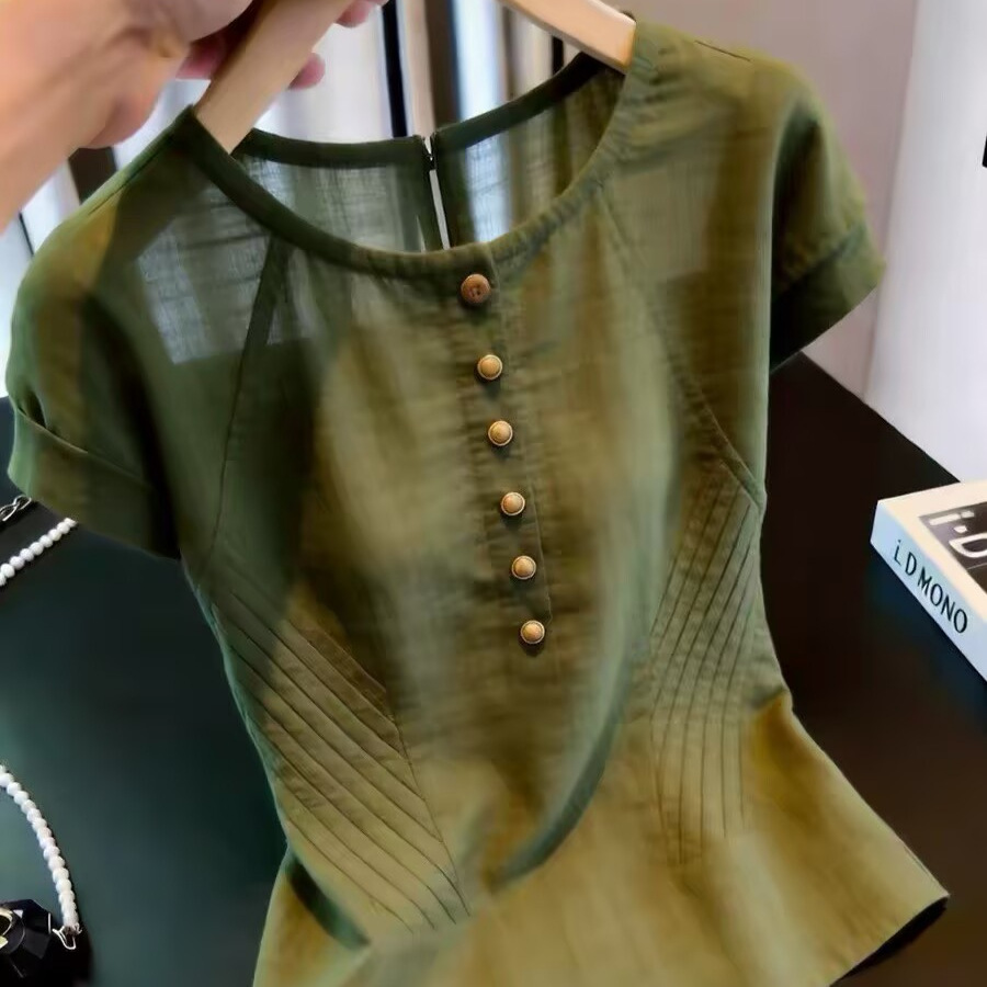 Áo thun nữ tay ngắn cổ tròn màu xanh lá cây phong cách Pháp cổ điển — xanh lá cây chi tiết 4