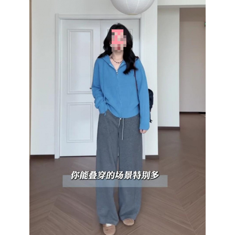 韩系蓝色时尚百搭连帽宽松慵懒风韩系休闲针织开衫带帽毛衣外套女