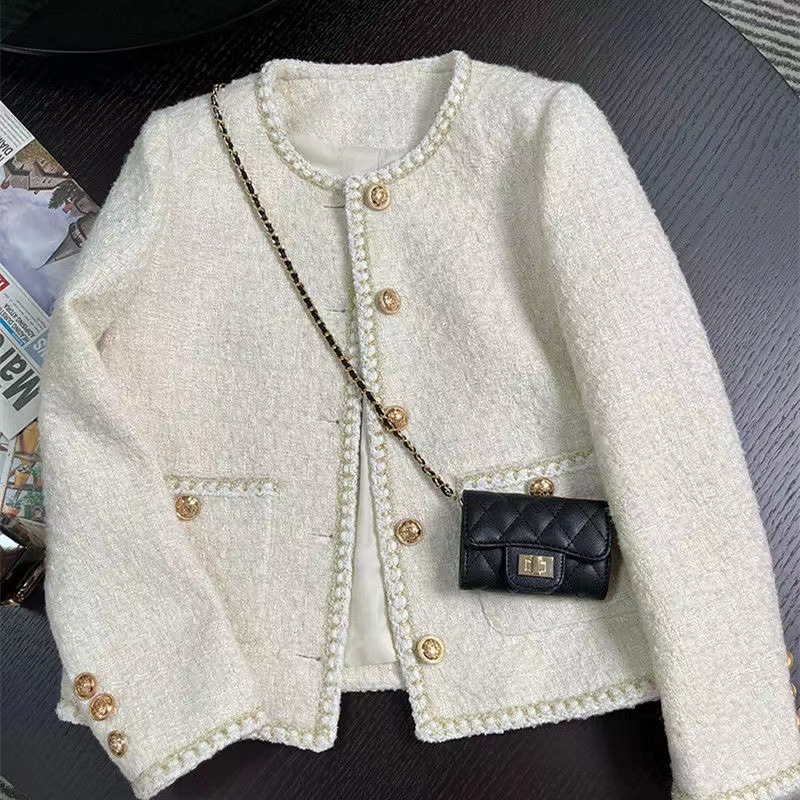 2026 Spring and Autumn New Korean Style Off-White French Short Tweed Jacket for Women with Elegant Socialite Style