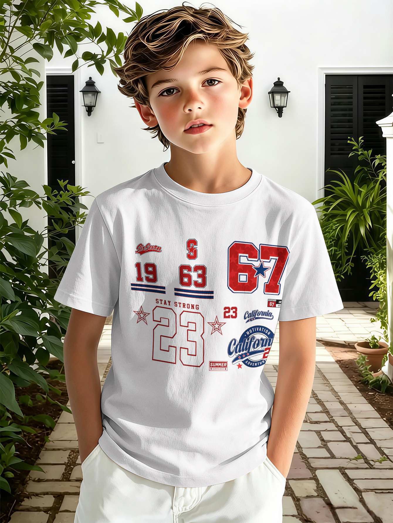 T-shirt pour garçon avec imprimé texte 3d haut décontracté rose_voghion.com