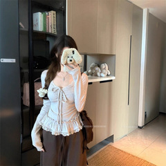 纯欲风蕾丝拼接长袖T恤女2025秋季新款甜美V领荷叶边系带打底上衣