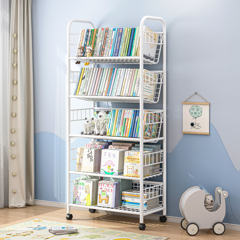 Mingzheng Furniture Factory Children's Bookshelf Home Student Floor-Standing Bookcase Movable Wheeled Storage Rack Baby Picture Book Rack