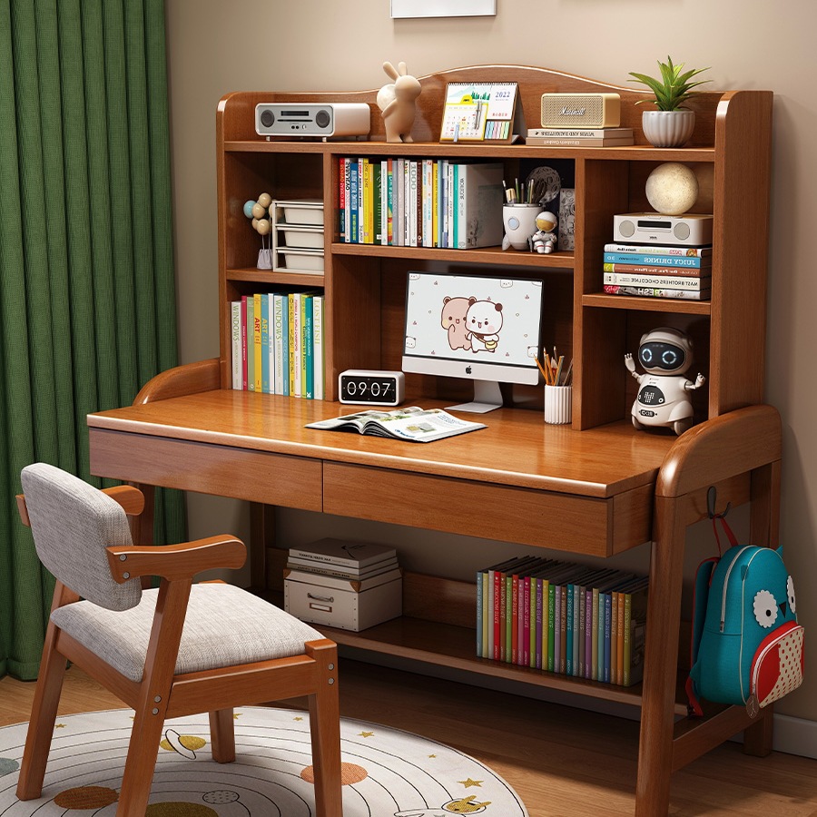 Solid Wood Children's Study Table, Primary and Secondary School Student Desk with Bookshelf, Children's Liftable Home Writing Desk and Chair