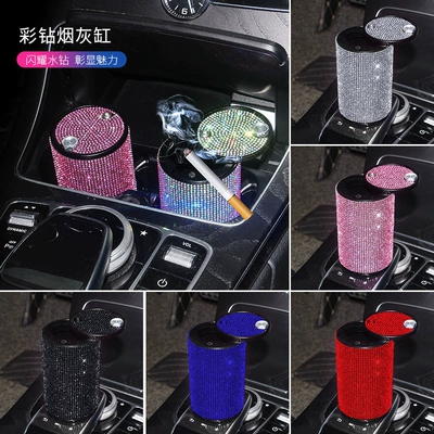 Car Ashtray with Diamonds, New Creative Metal Aluminum Alloy Flame-Retardant Ashtray with Lid, Multifunctional Car Cigarette Holder