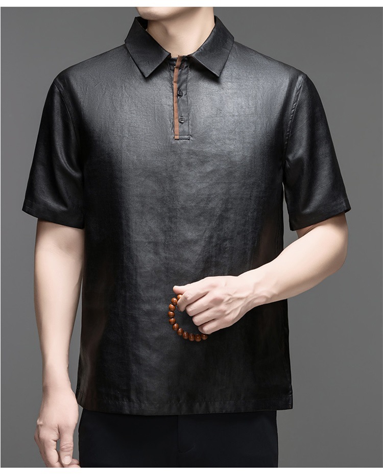 Áo polo nam tay ngắn lụa Mulberry jacquard ve áo satin — Da đen 8885 chi tiết 8