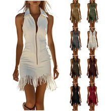 欧美外贸新款女装连衣裙 wish亚马逊性感翻领无袖切流苏修身连衣