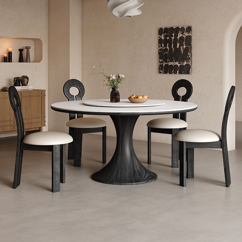 High-End Solid Wood Dining Table and Chair Set for Home Use in Small Apartments, Round Dining Table with a Rotating Tray